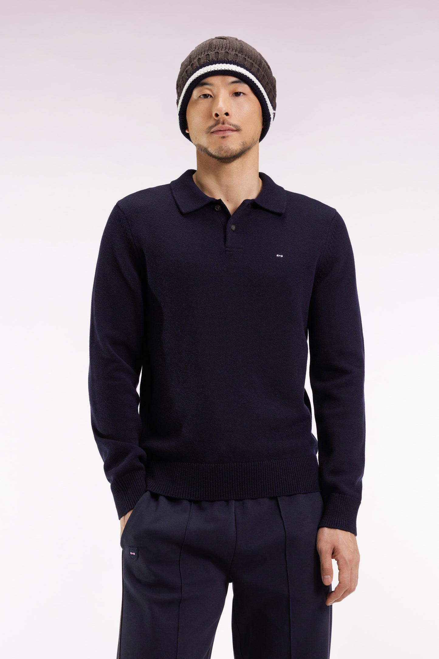Chunky shirt-neck sweater in navy wool and cotton