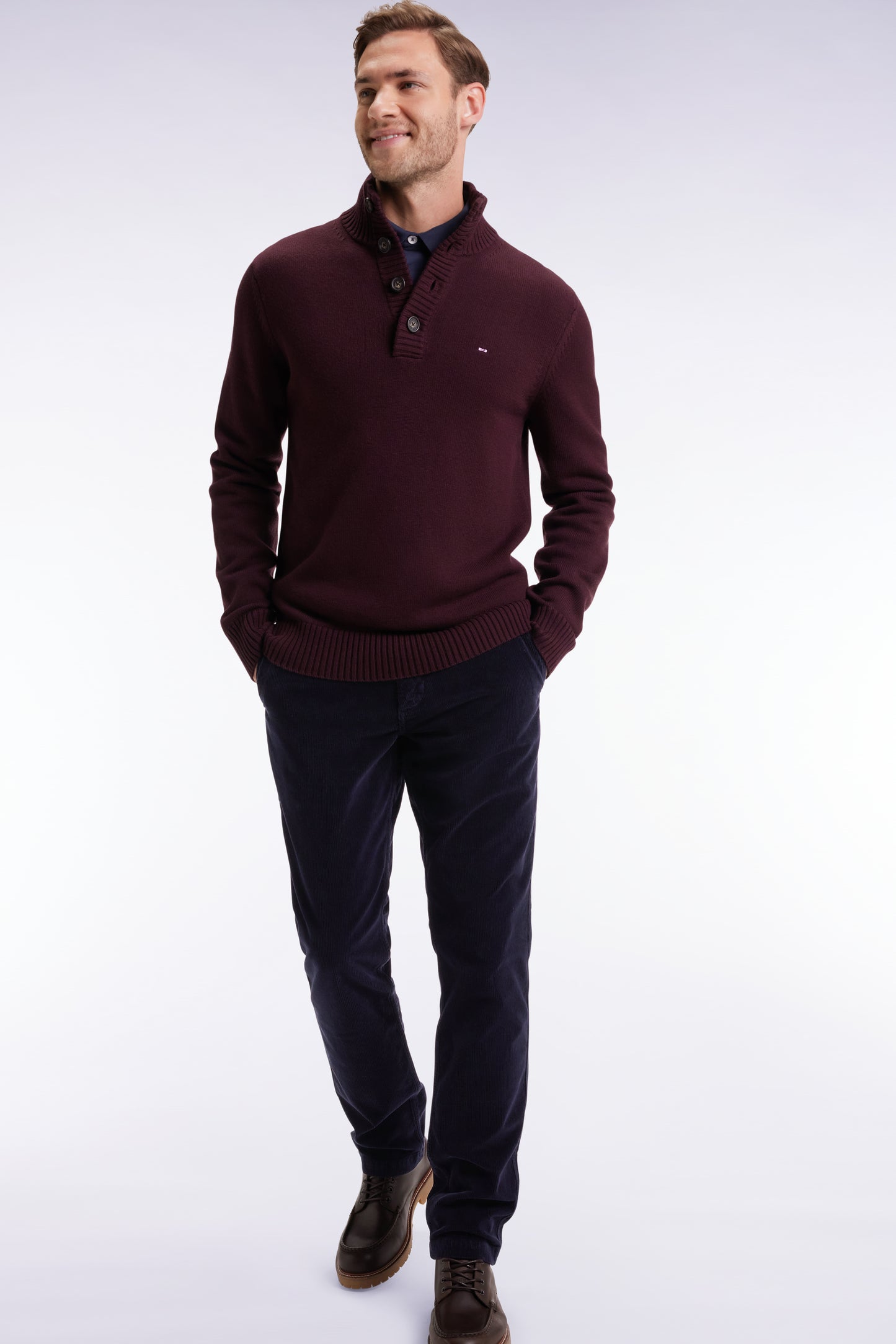 Pull col montant épais en laine et coton bordeaux