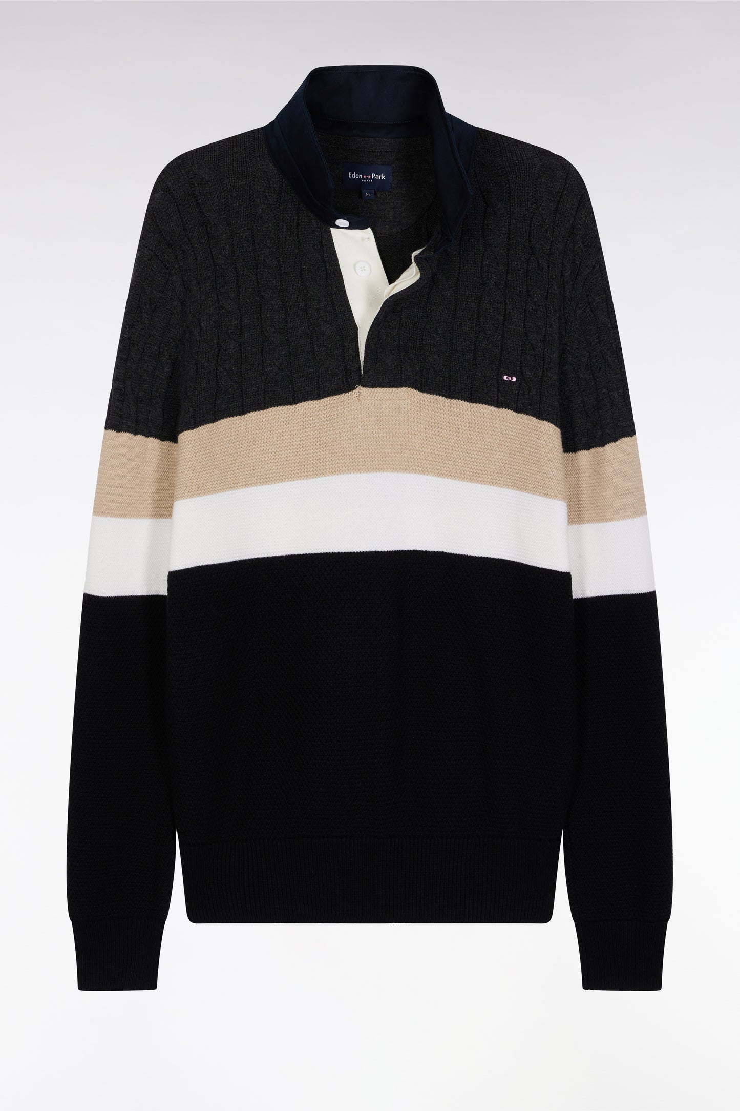 Pull col maillot en laine et coton torsadé noir et gris