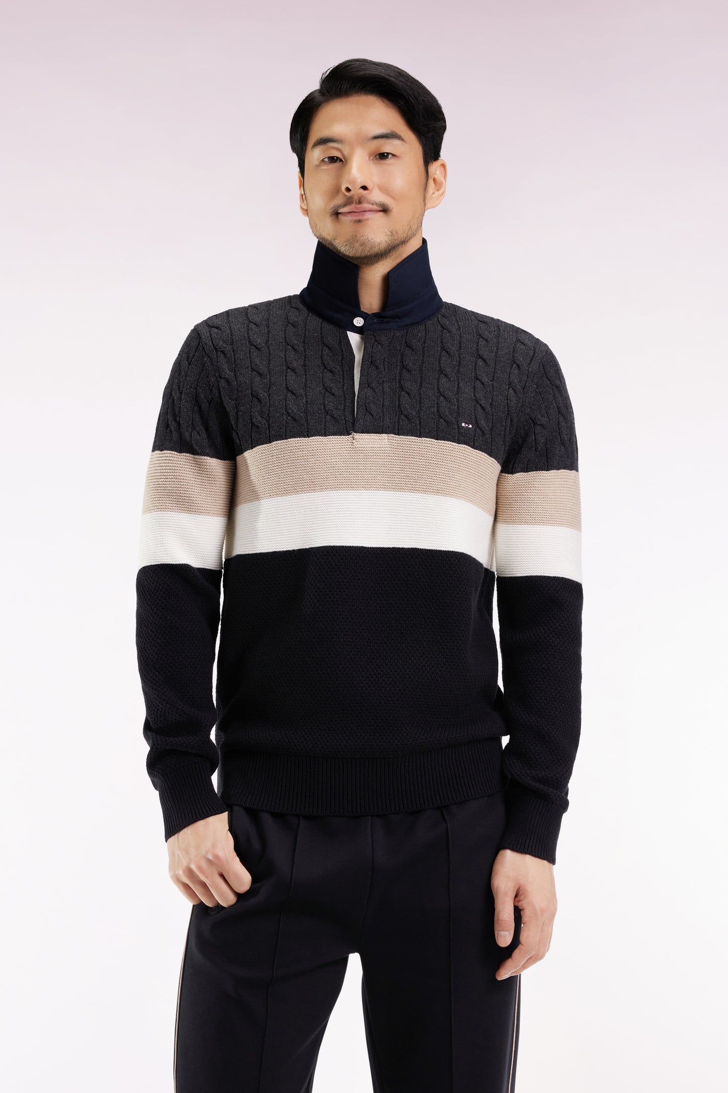 Pull col maillot en laine et coton torsadé noir et gris
