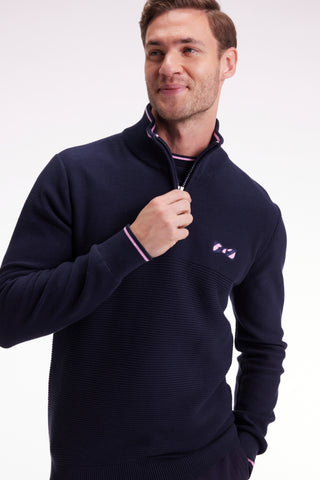 Navy cotton trucker-neck sweater with bow tie