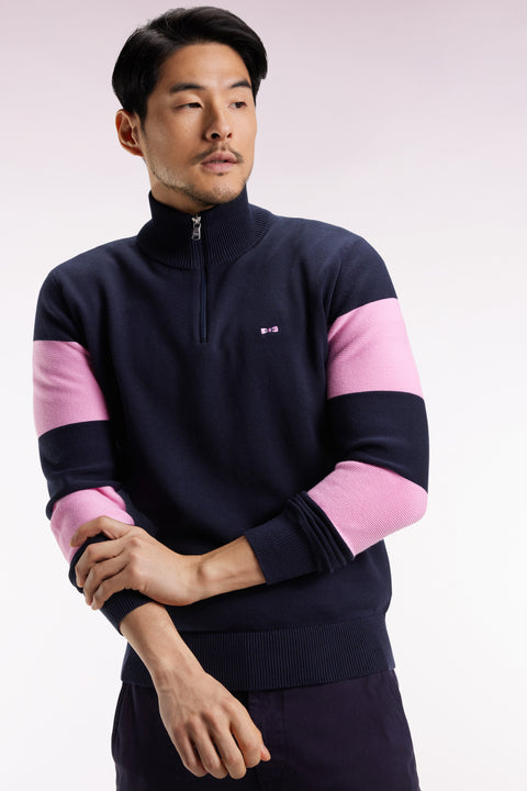 Pull col camionneur en coton marine et rose broderie dos - Image 3