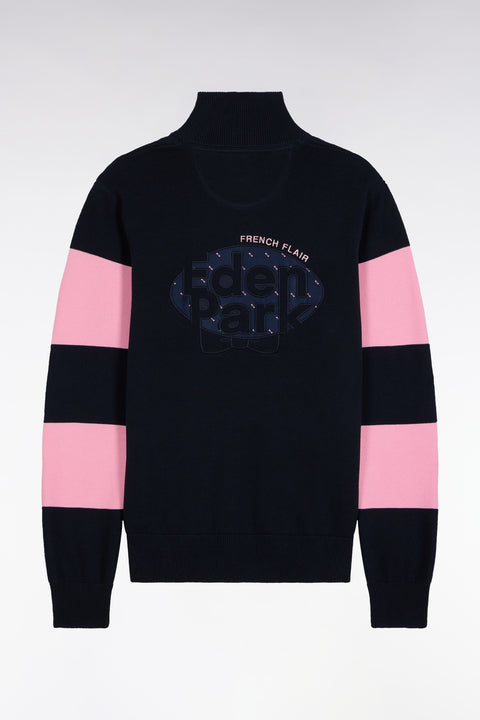 Pull col camionneur en coton marine et rose broderie dos - Image 2