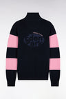 Pull col camionneur en coton marine et rose broderie dos