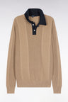 Pull à col polo bleu en coton beige