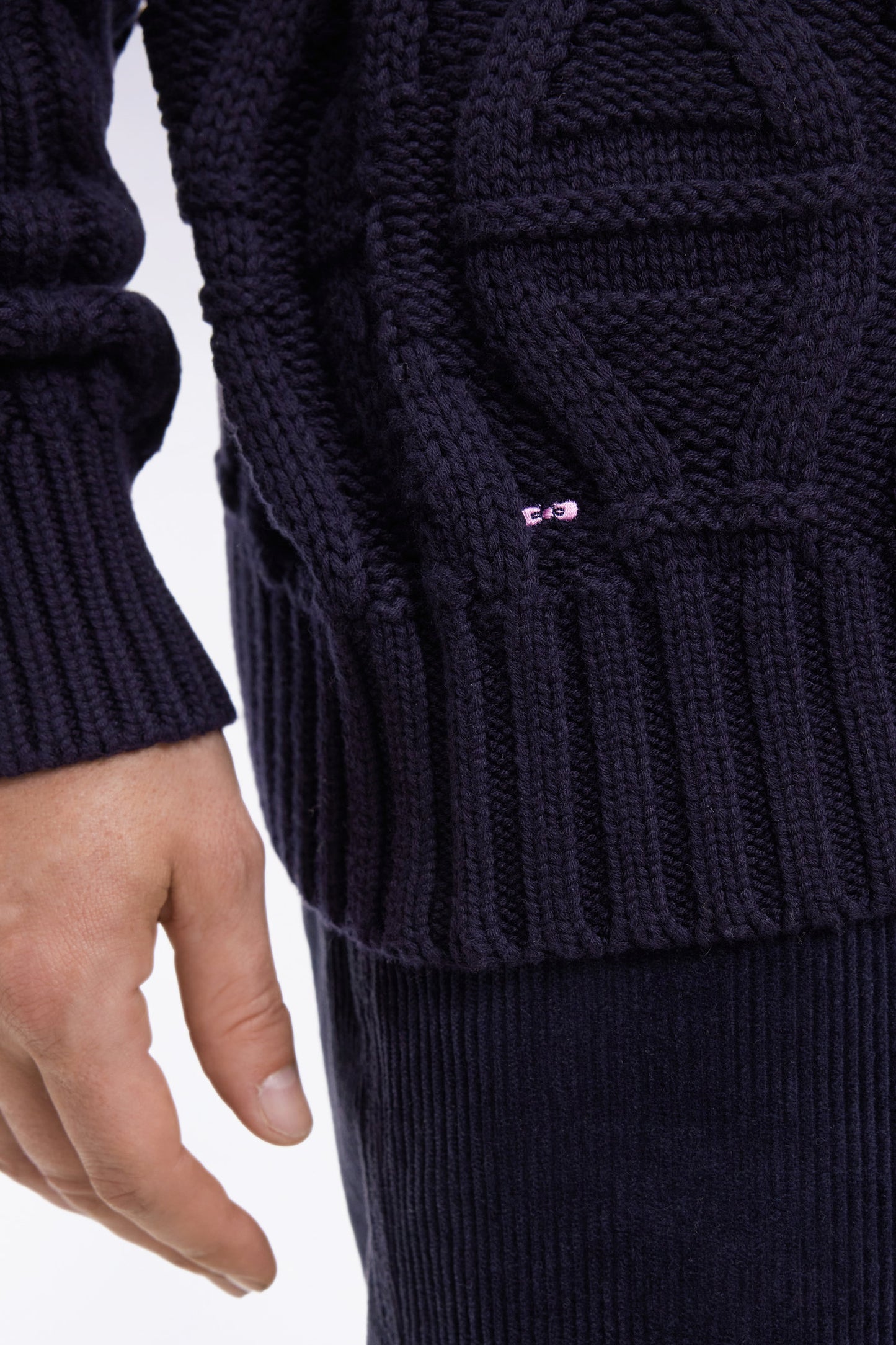 Round-neck sweater in navy wool and cotton twill