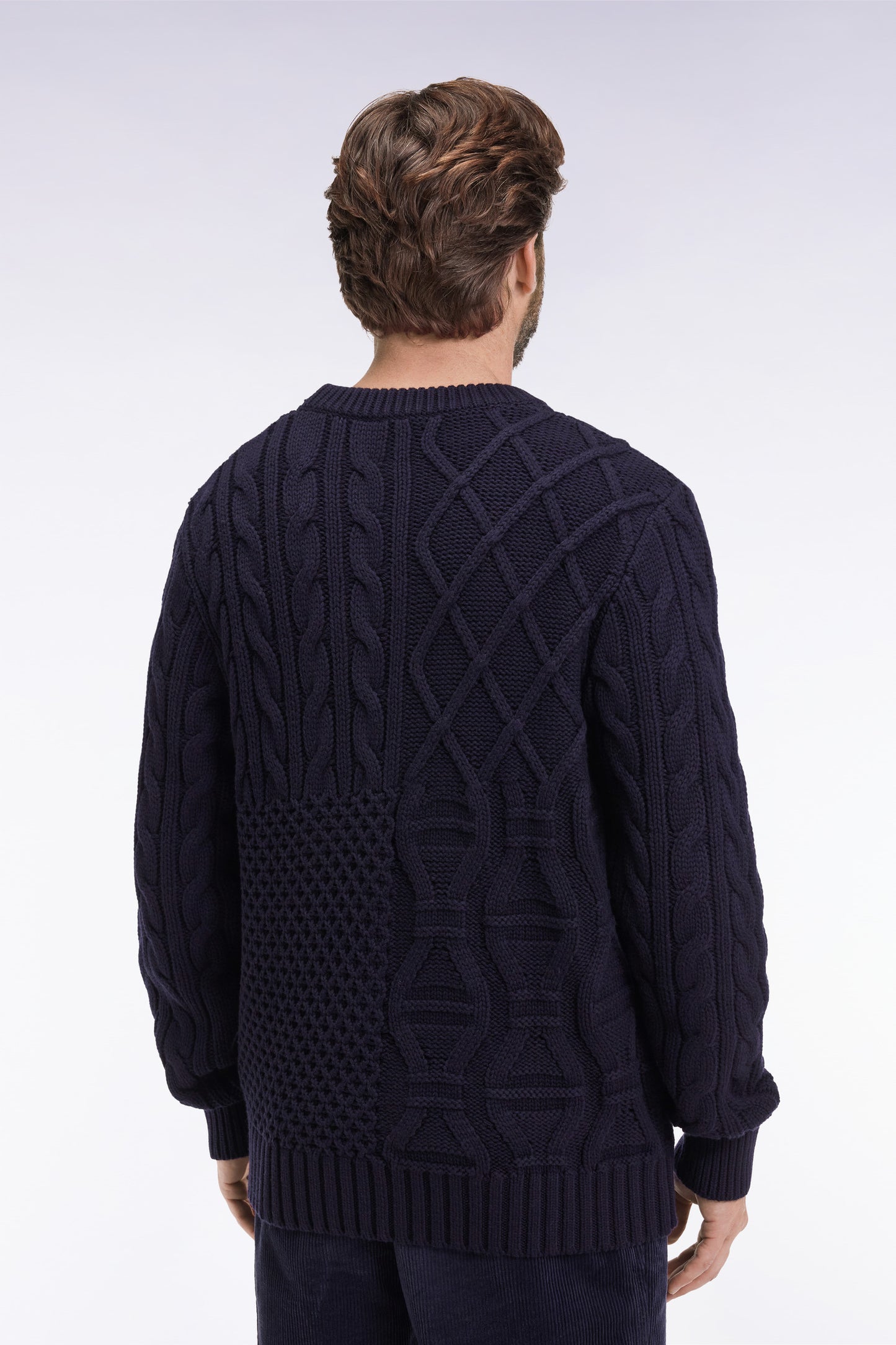 Round-neck sweater in navy wool and cotton twill