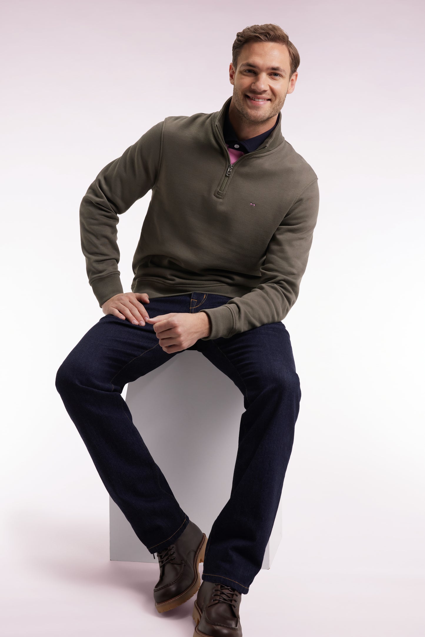 Khaki cotton fleece stand-up collar zip-up sweatshirt - CANCELLED