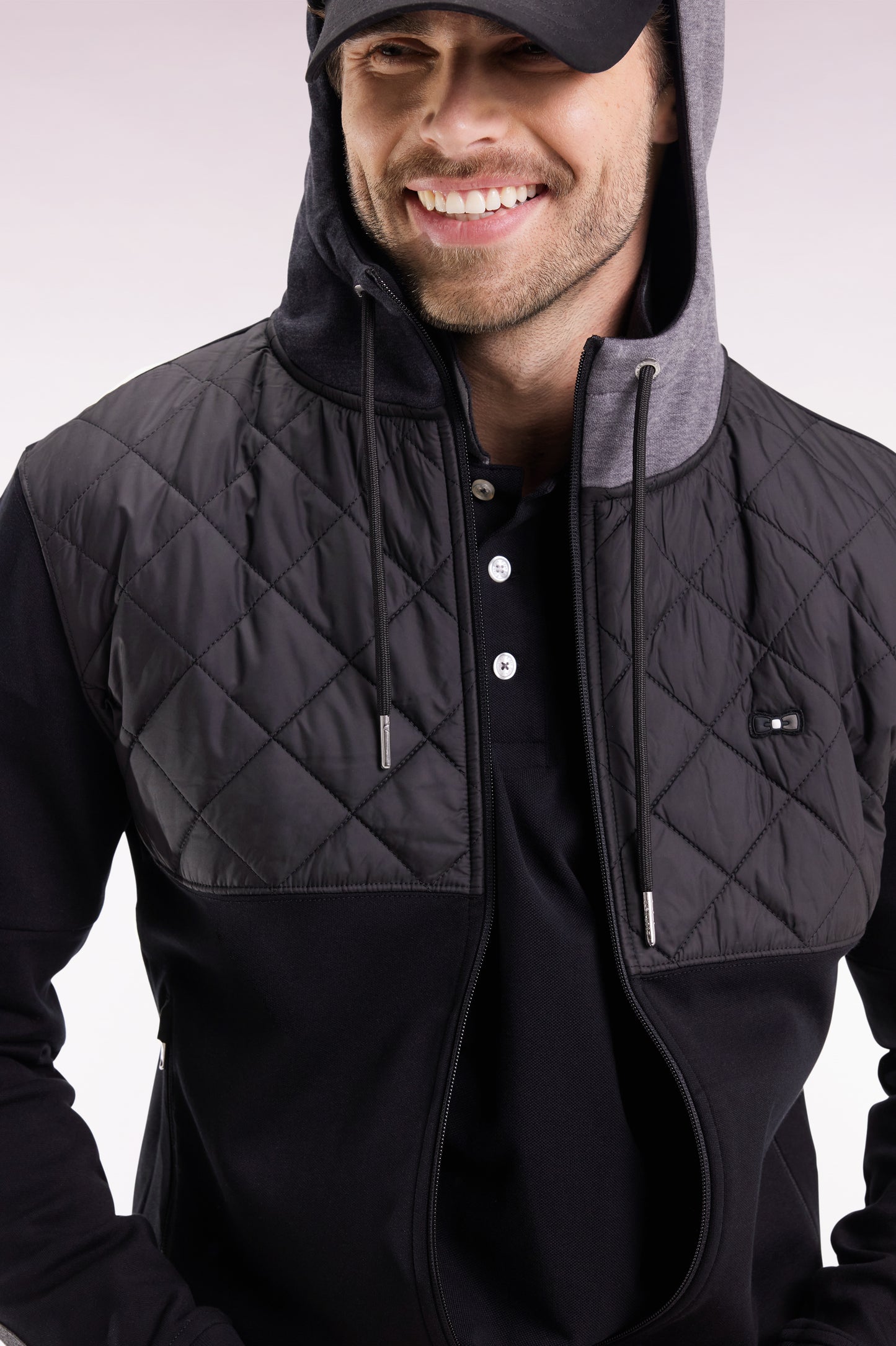 Zipped sweatshirt in black and grey quilted bimaterial interlock