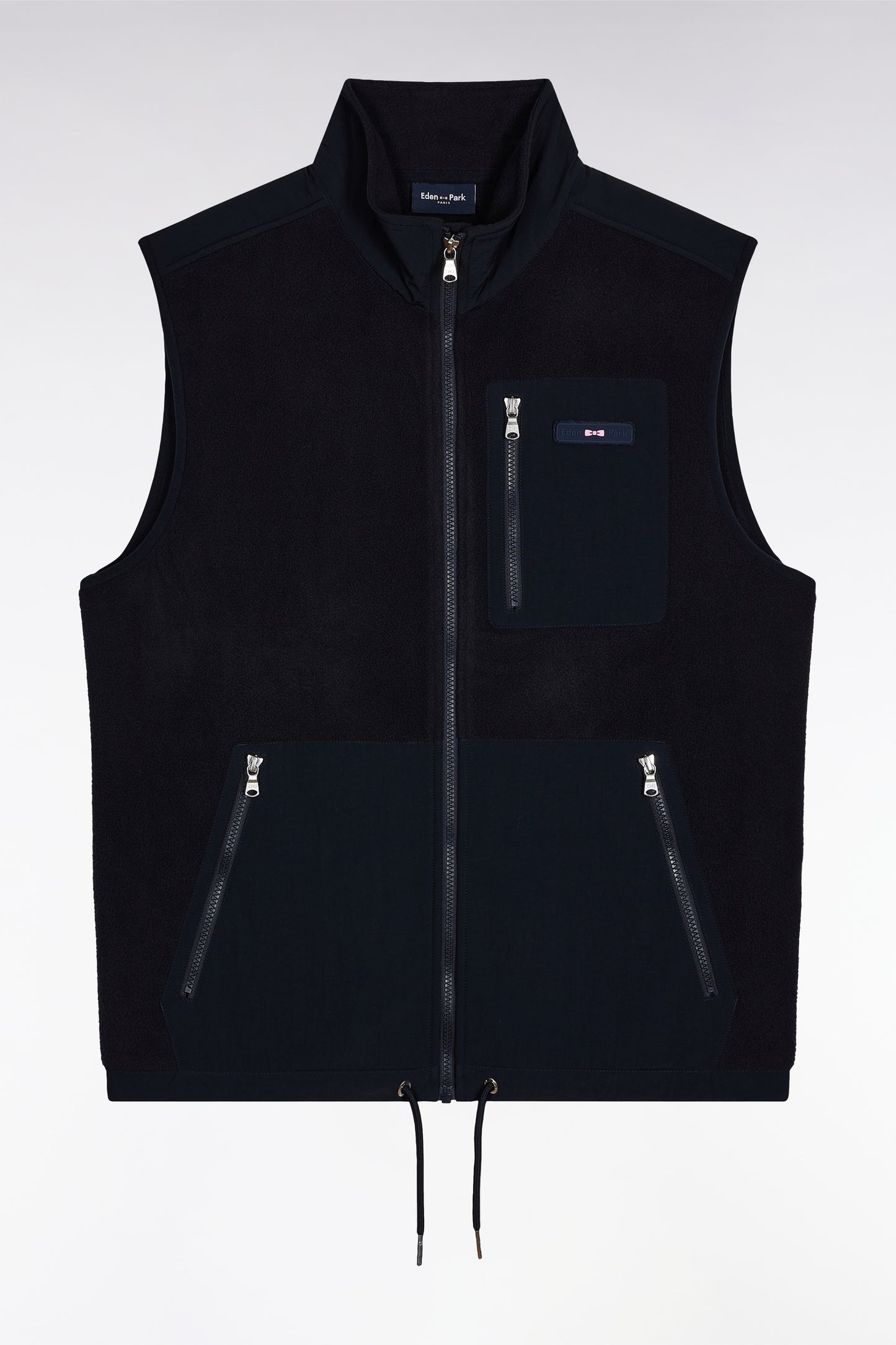 Sleeveless zip-up hooded sweatshirt in navy with straight cut.