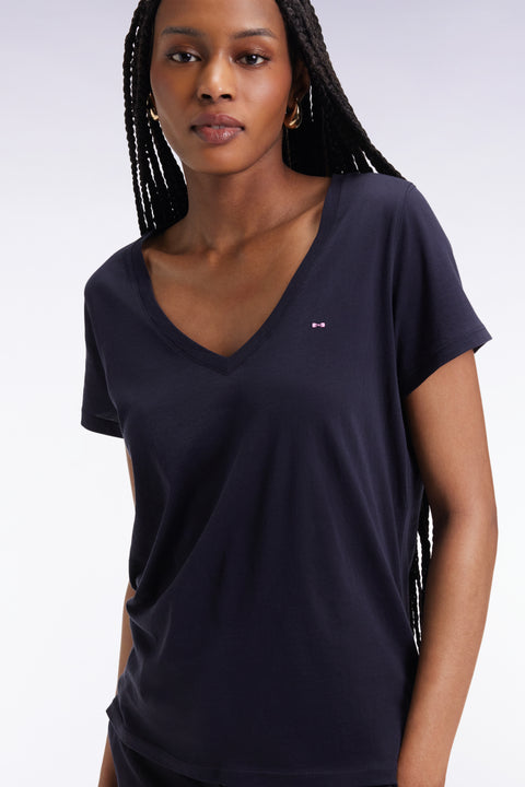 Short-sleeved V-neck T-shirt in navy Pima cotton - Image 3