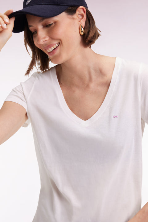 Short-sleeved V-neck T-shirt in white Pima cotton - Image 3