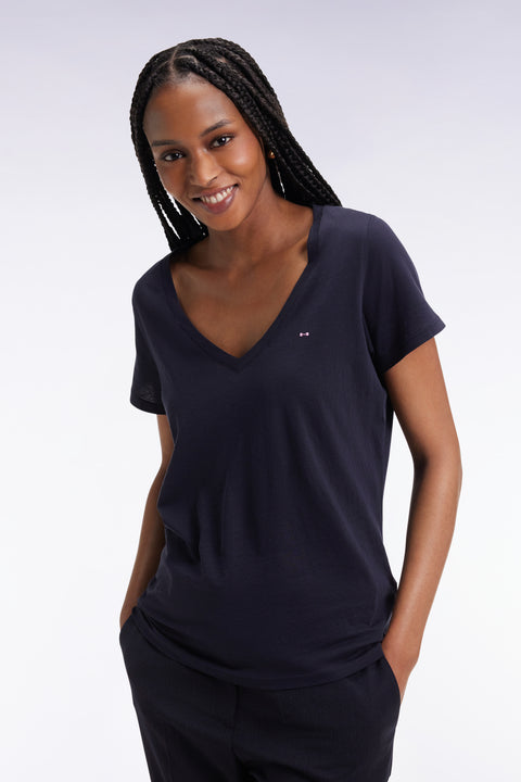 Short-sleeved V-neck T-shirt in navy Pima cotton - Image 1