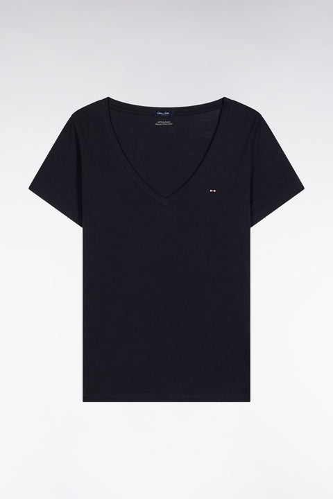 Short-sleeved V-neck T-shirt in navy Pima cotton - Image 2