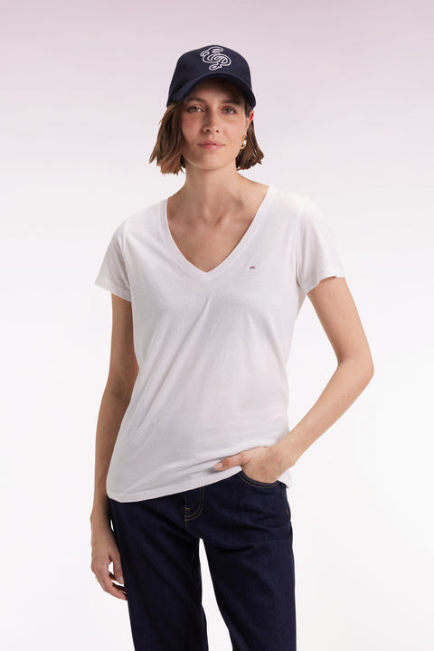 Short-sleeved V-neck T-shirt in white Pima cotton - Image 1