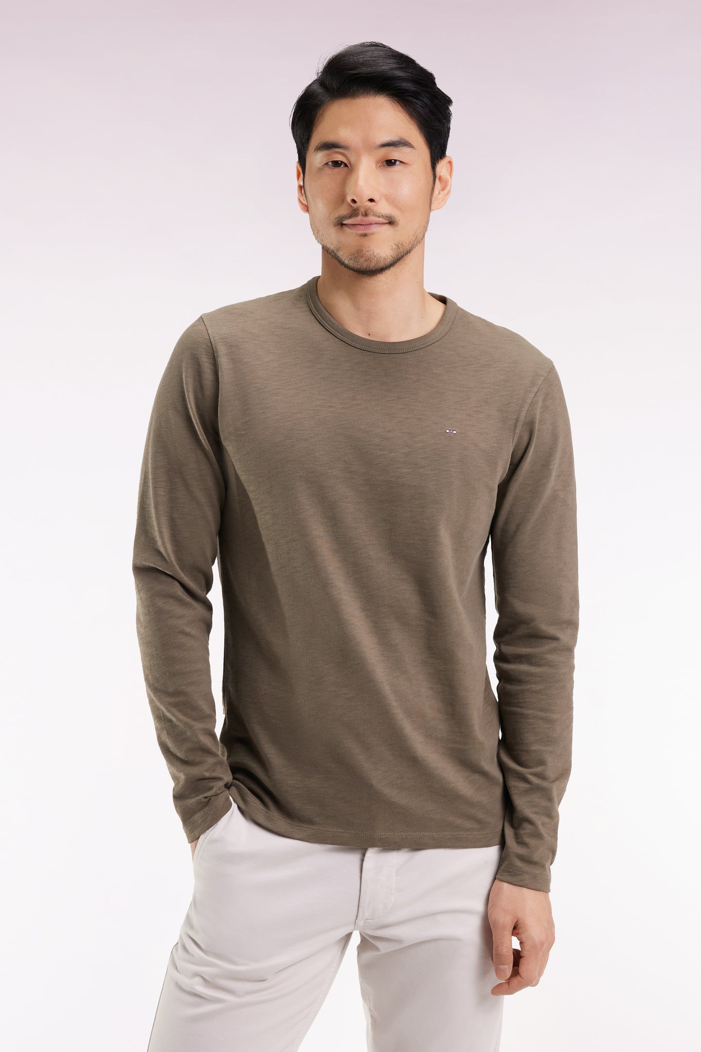 Long-sleeved T-shirt in khaki slub cotton