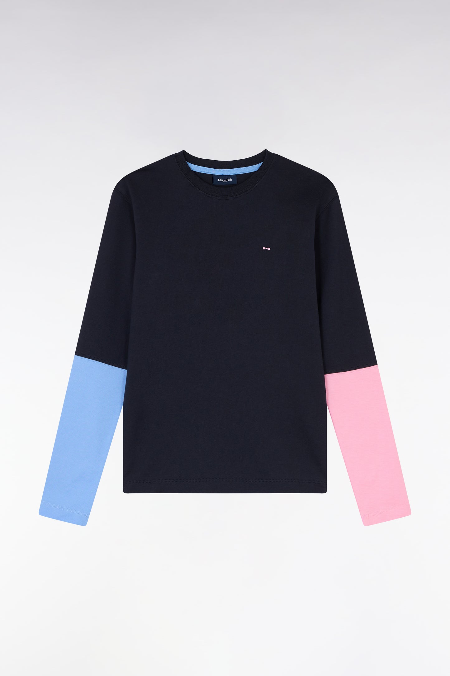 Navy cotton two-tone long-sleeved T-shirt, straight cut