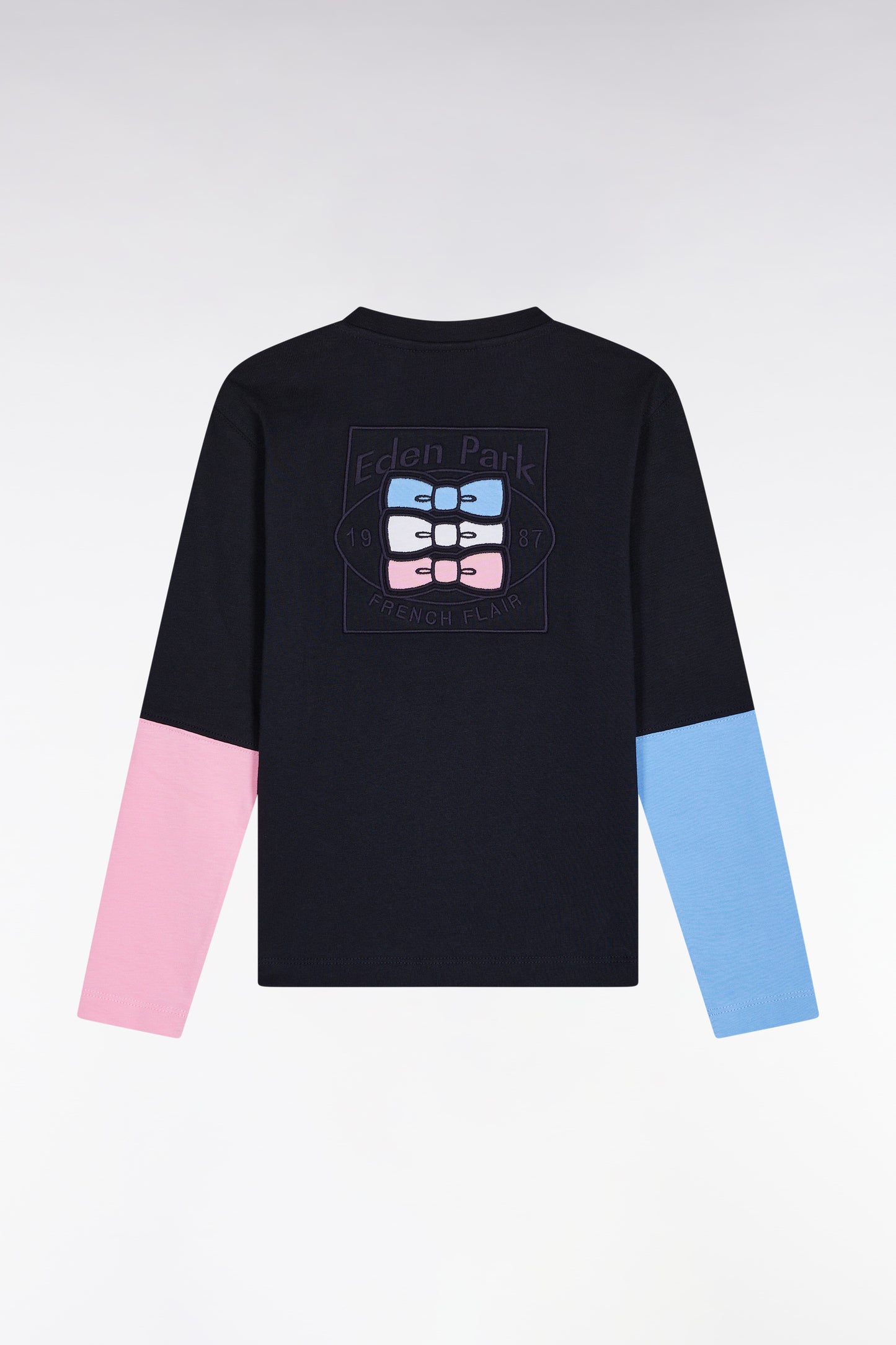 Navy cotton two-tone long-sleeved T-shirt, straight cut