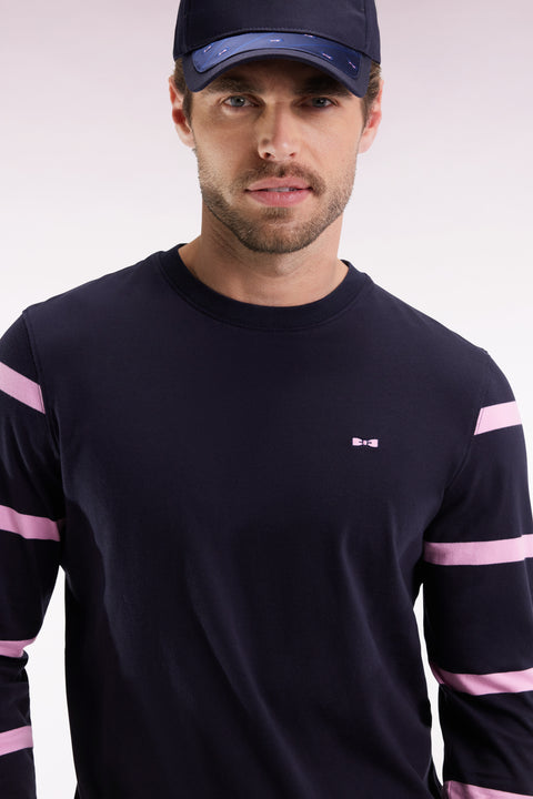 Long-sleeved navy cotton T-shirt with striped sleeves - Image 3