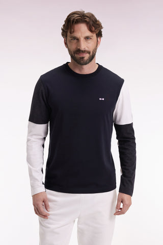Black cotton colorblock white and grey long-sleeved T-shirt