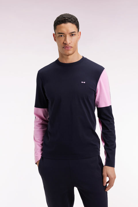 T-shirt à manches longues en coton marine colorblock rose - Image 1