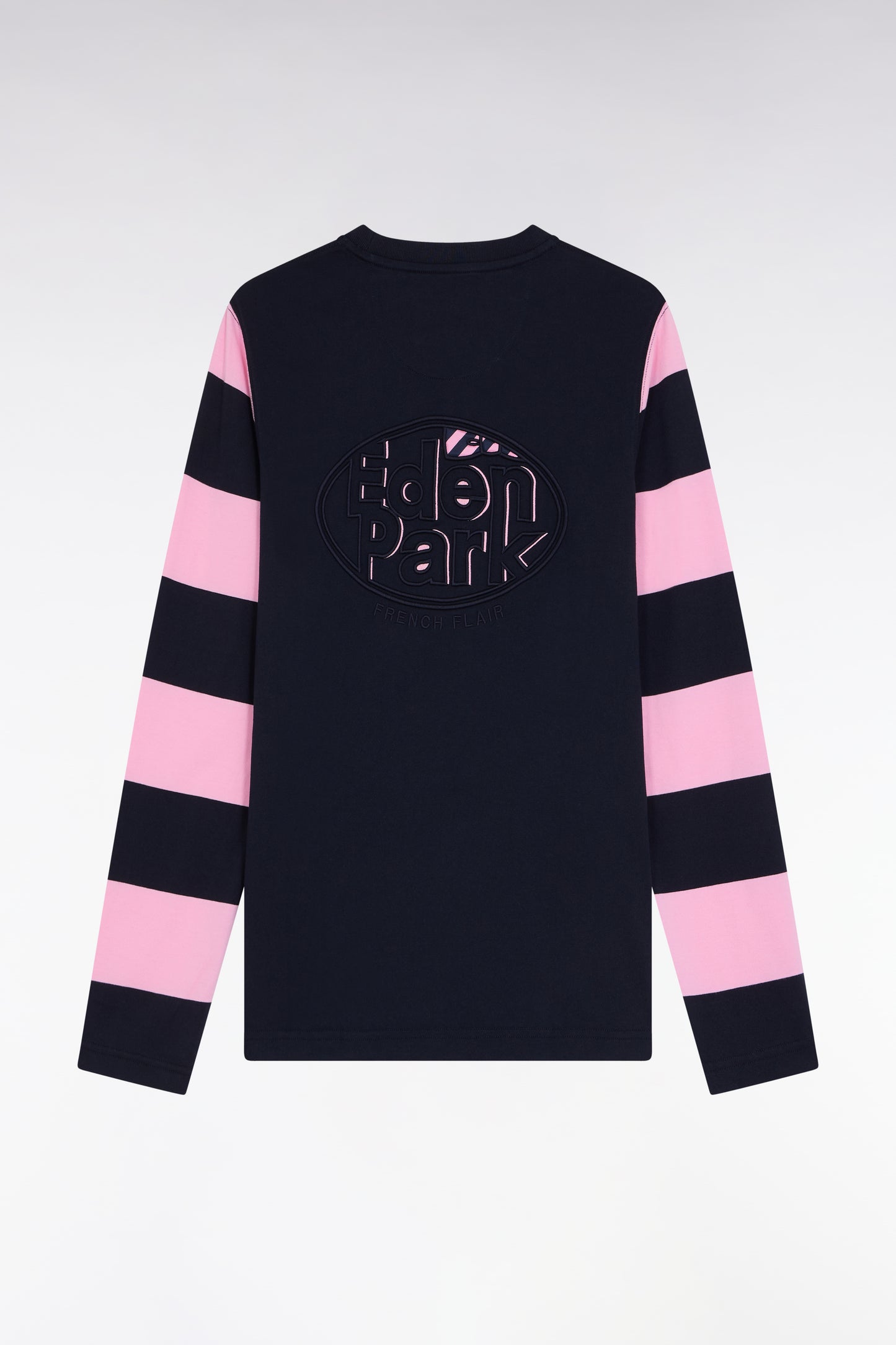 Long-sleeved black cotton T-shirt with pink striped sleeves - A SHOOTER