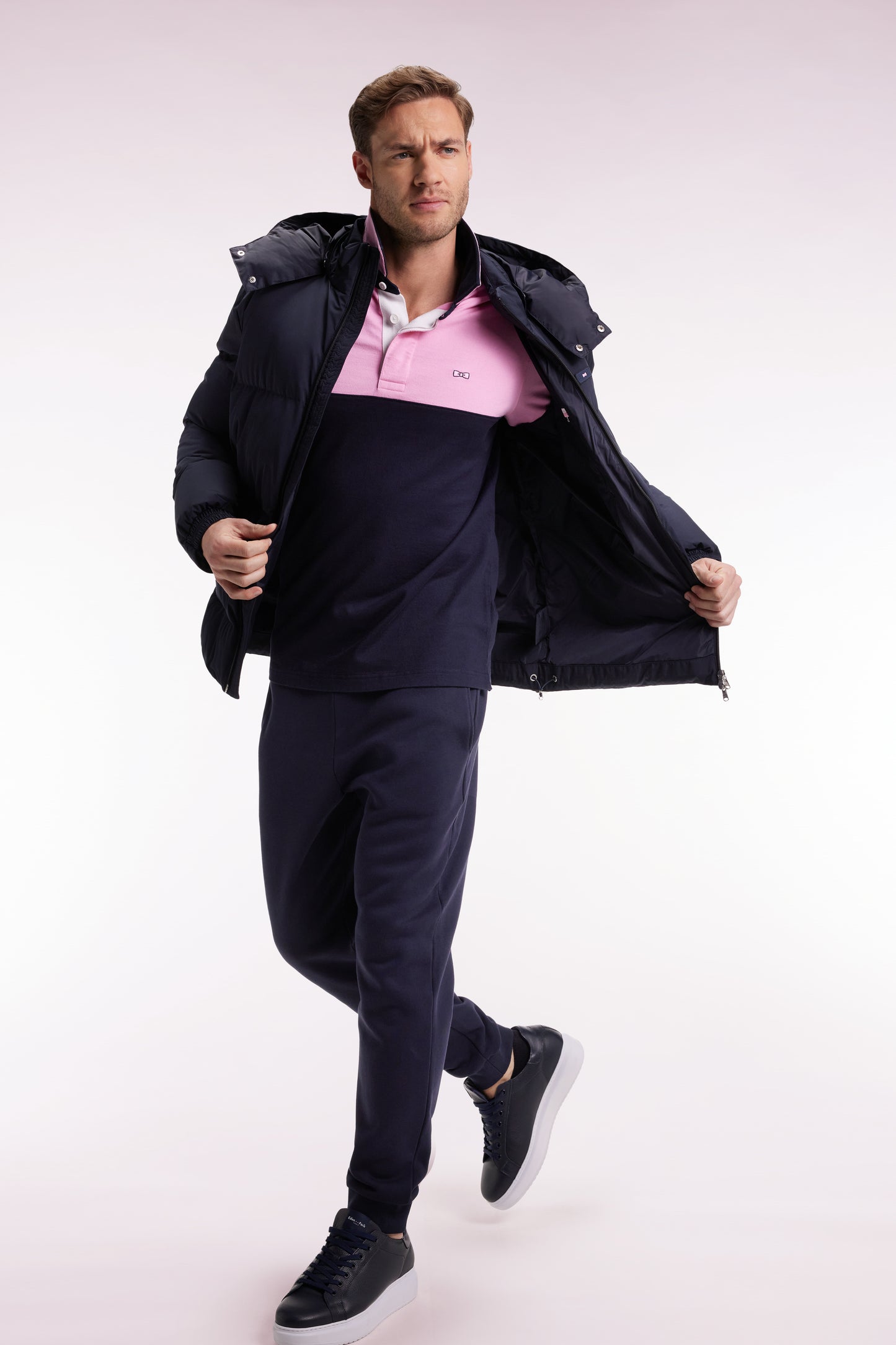 Navy quilted nylon down jacket with removable hood