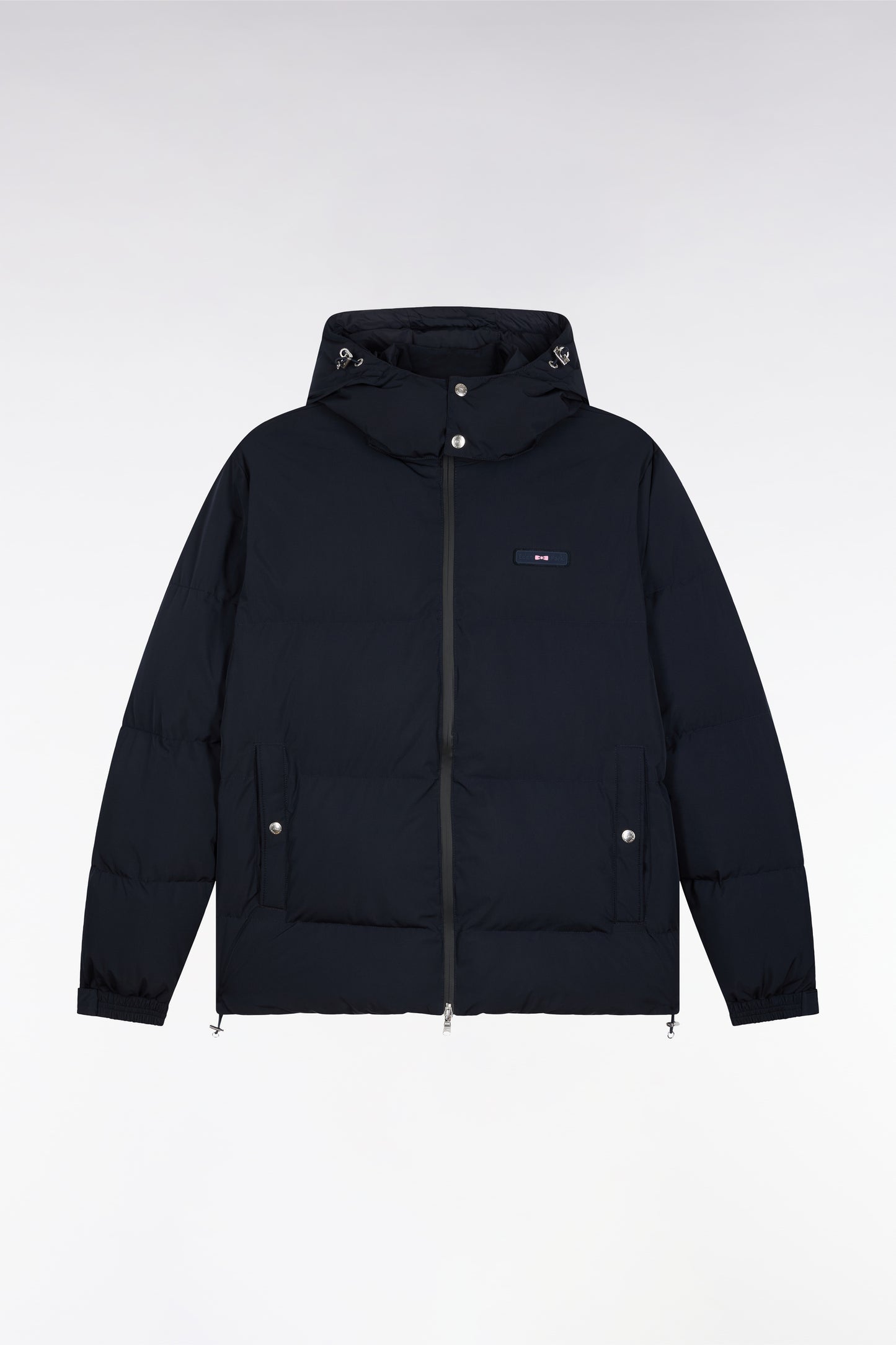 Navy quilted nylon down jacket with removable hood
