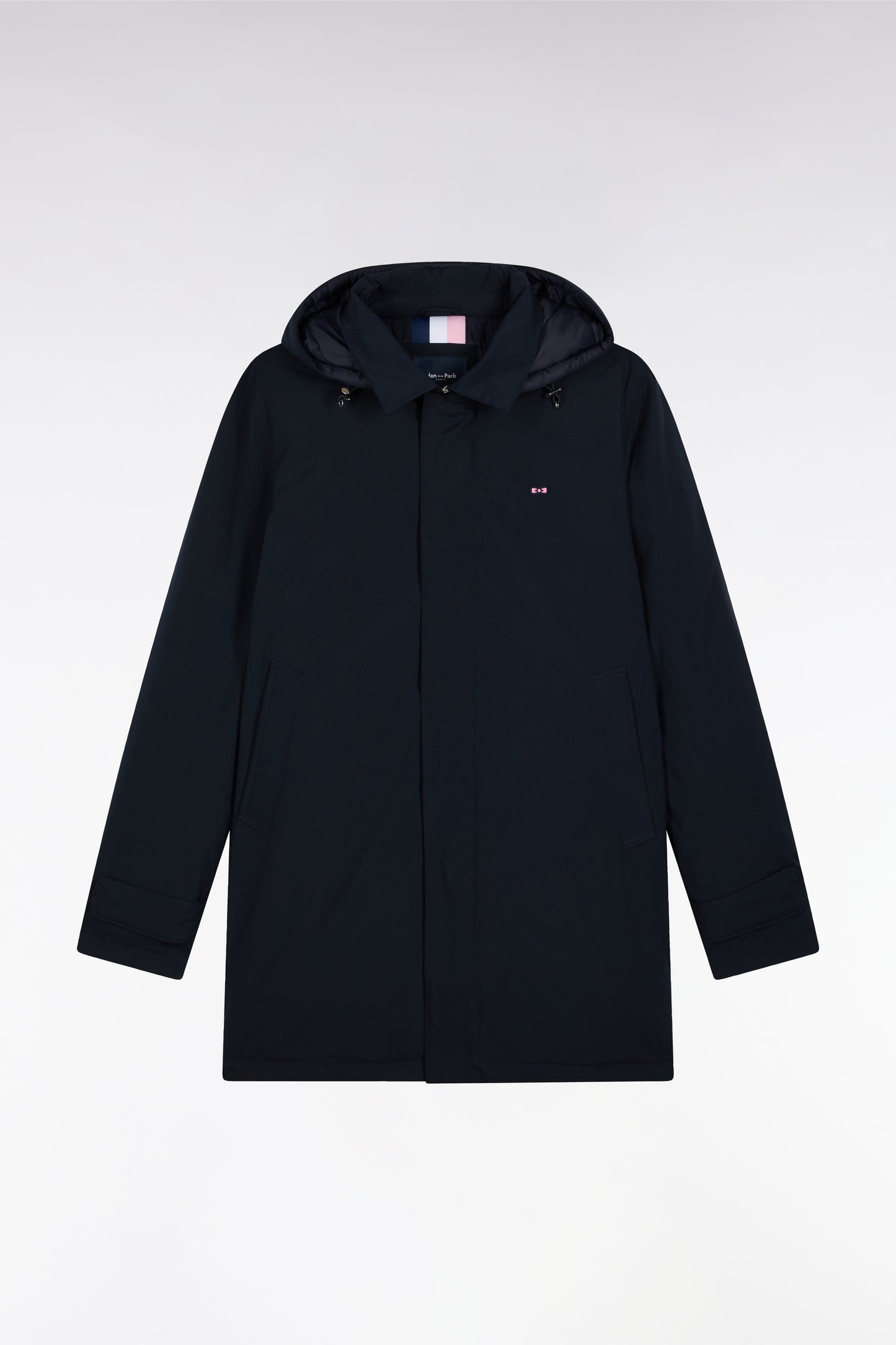 Long navy nylon raincoat with removable hood