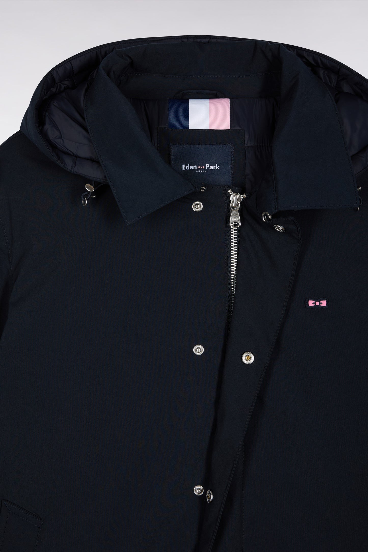 Long navy nylon raincoat with removable hood