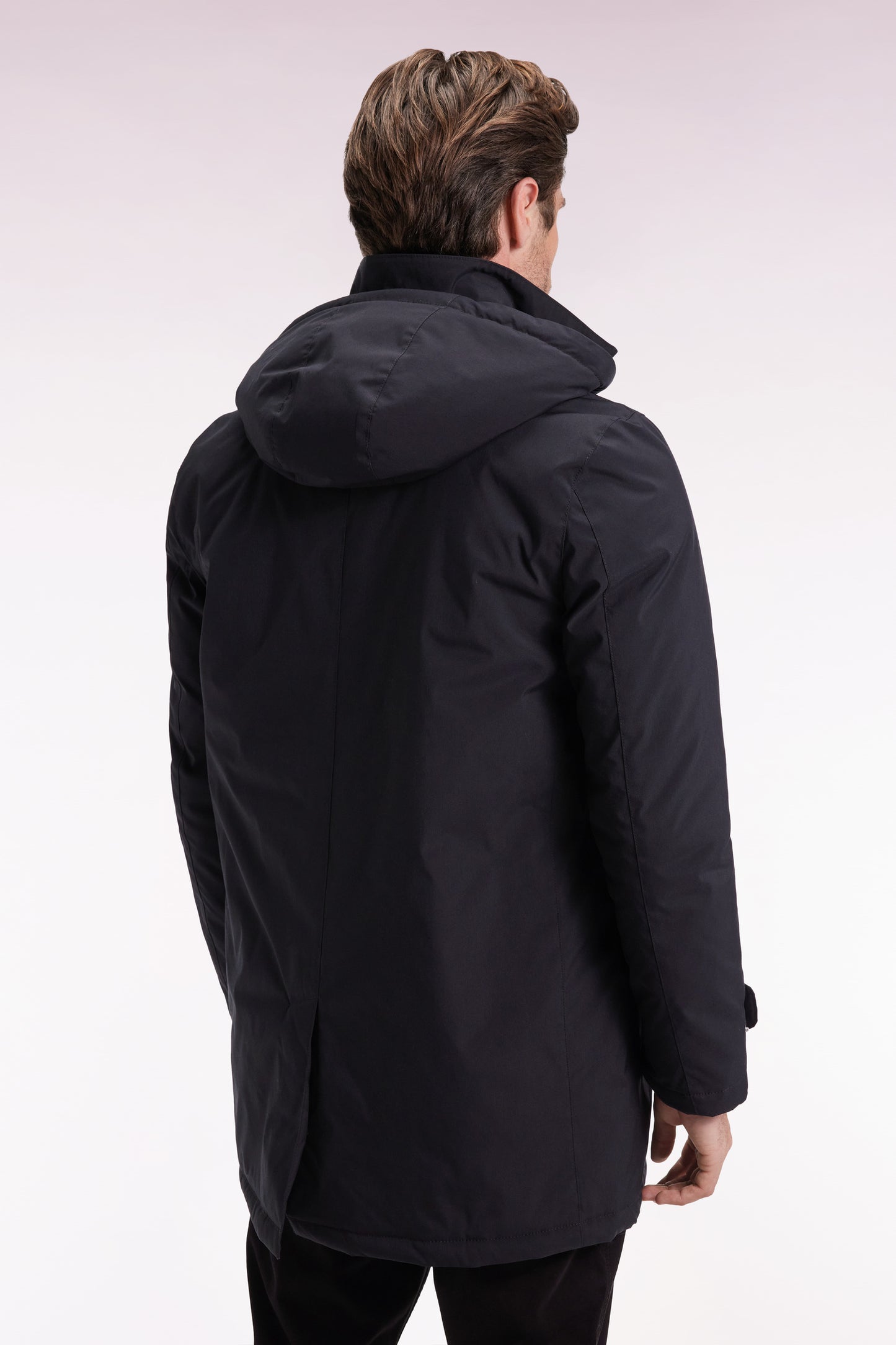 Long black nylon raincoat with removable hood