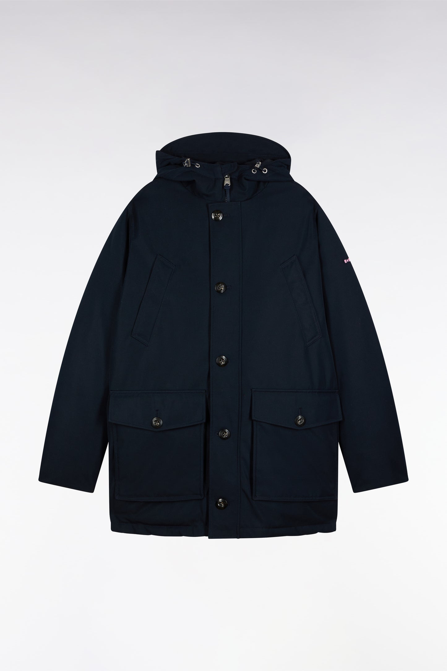 Short parka in navy nylon with patch pockets