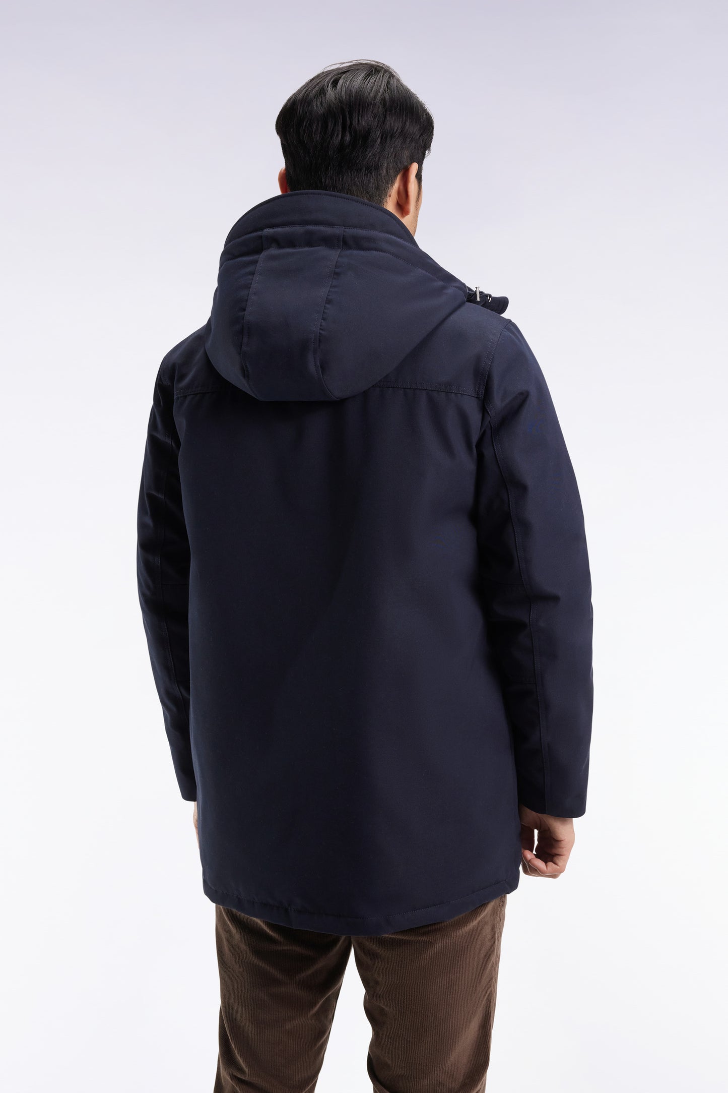 Short parka in navy nylon with patch pockets
