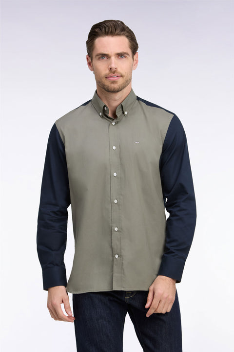 Two-tone olive green oxford cotton shirt with back patch, straight cut - Image 3