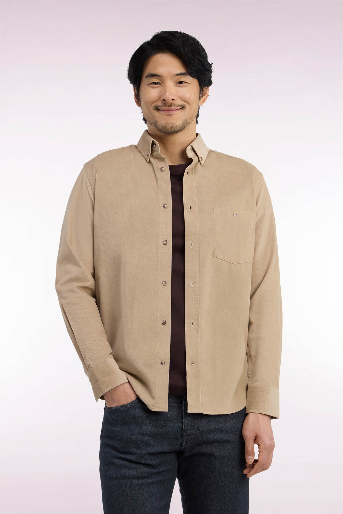Beige ribbed cotton straight cut shirt