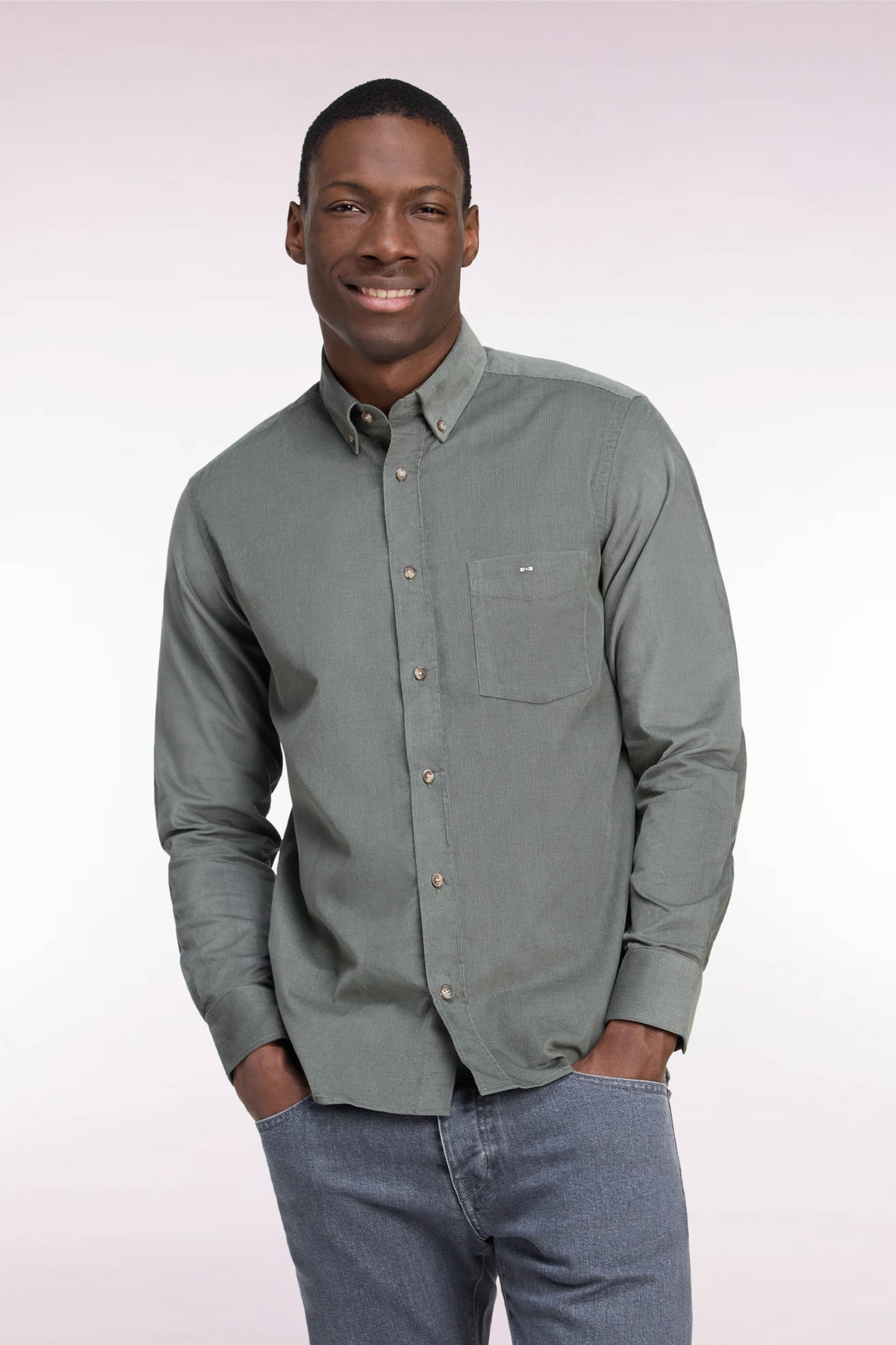 Olive green ribbed cotton straight fit shirt