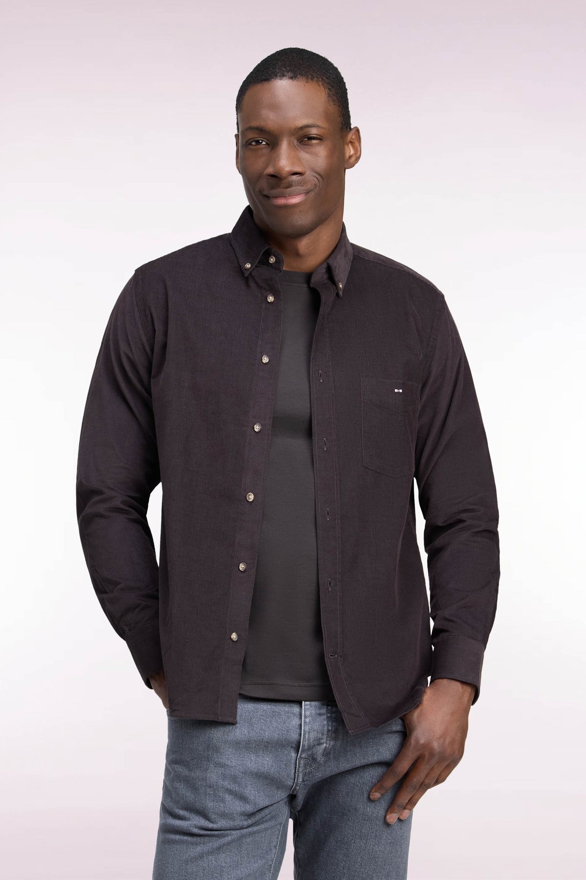 Brown straight-cut ribbed cotton shirt