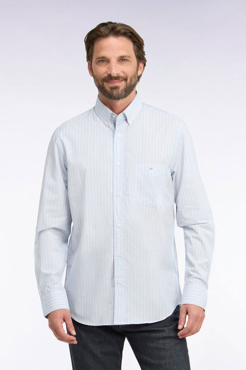 White woven cotton shirt with gray stripes, straight cut - Image 3