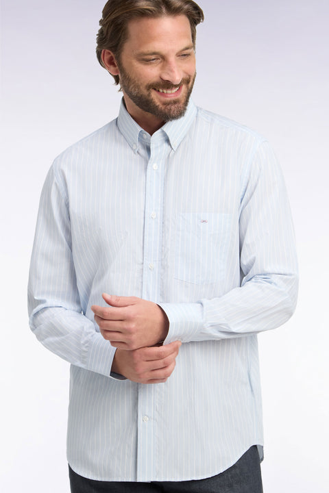 White woven cotton shirt with gray stripes, straight cut - Image 1