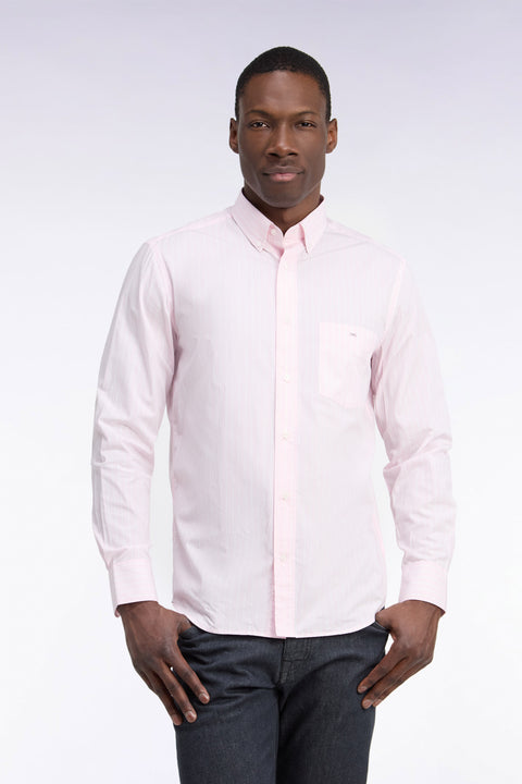 White woven cotton shirt with pink stripes, straight cut - Image 3