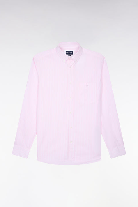 White woven cotton shirt with pink stripes, straight cut - Image 2