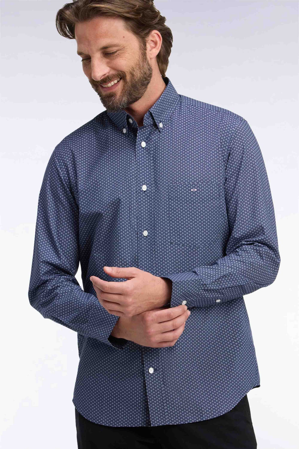 Blue micro-patterned straight-cut cotton shirt