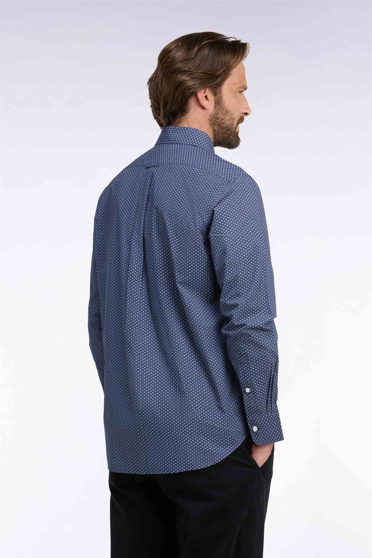 Blue micro-patterned straight-cut cotton shirt