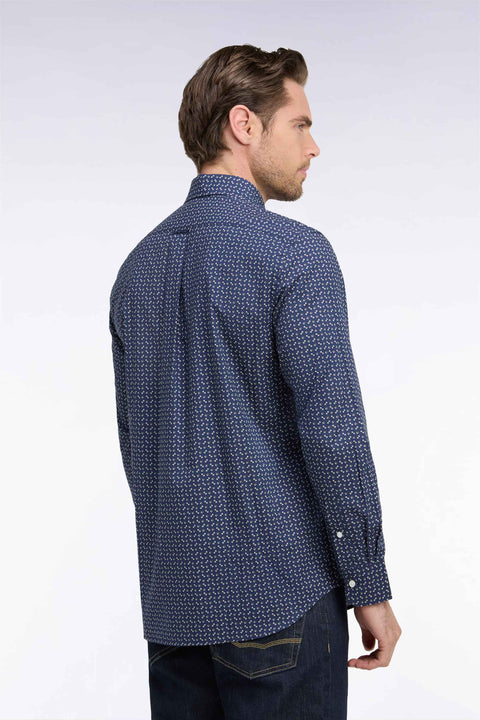 Navy cotton poplin shirt with khaki micro-patterns, straight cut - Image 3
