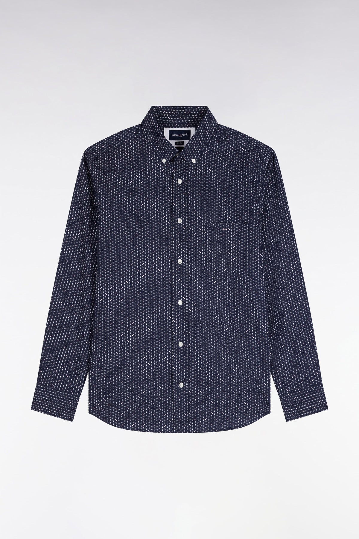 White cotton poplin shirt with pink micro-patterns, straight cut