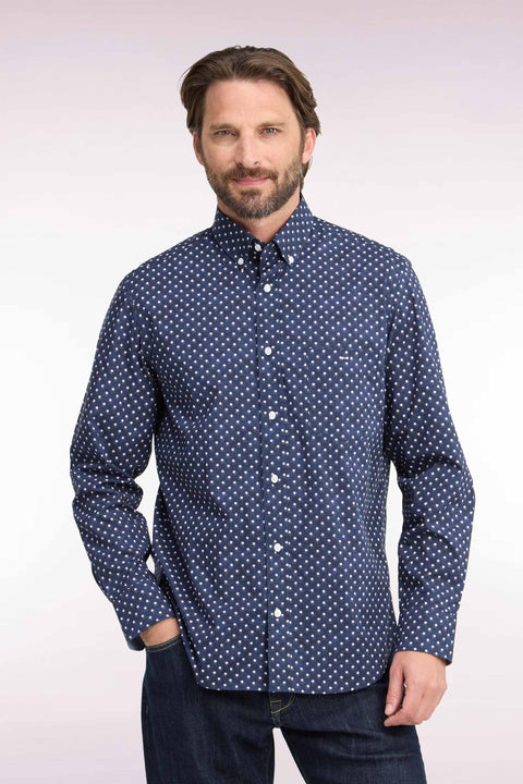 Navy cotton shirt with white flower micro-patterns, straight cut - Image 3