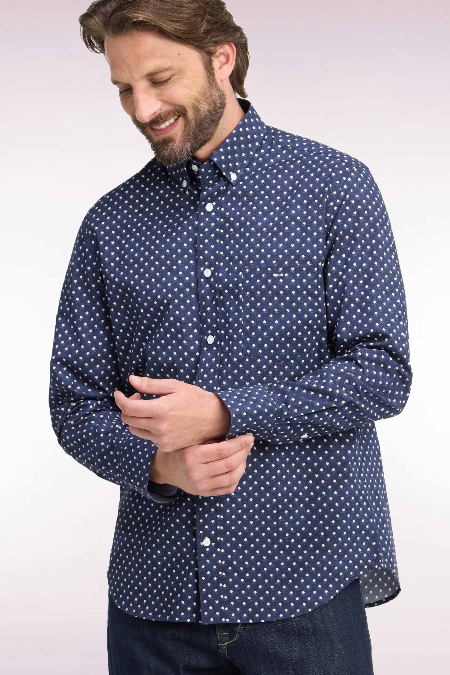 Navy cotton shirt with white flower micro-patterns, straight cut