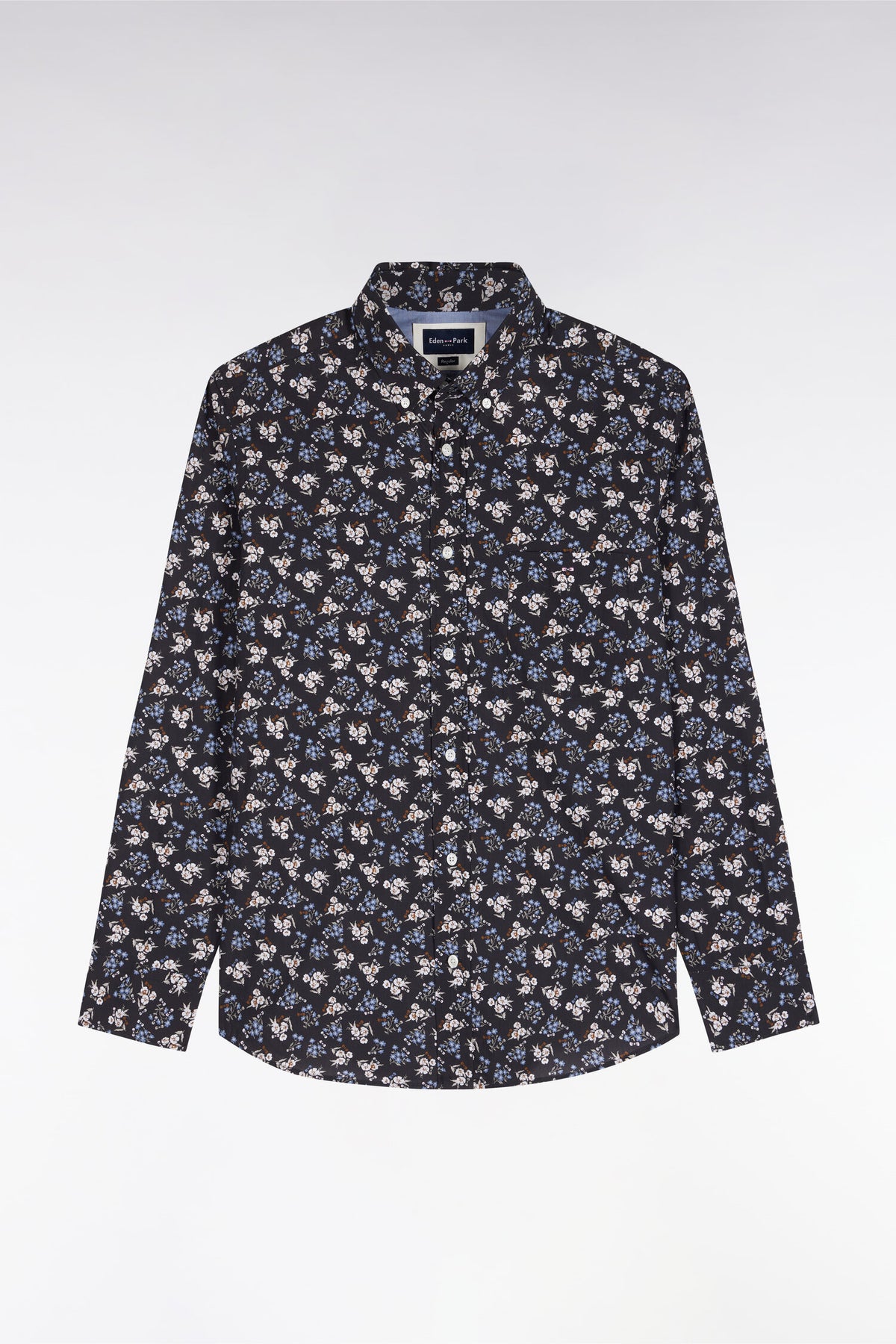 Brown cotton shirt with micro-flower patterns, straight cut