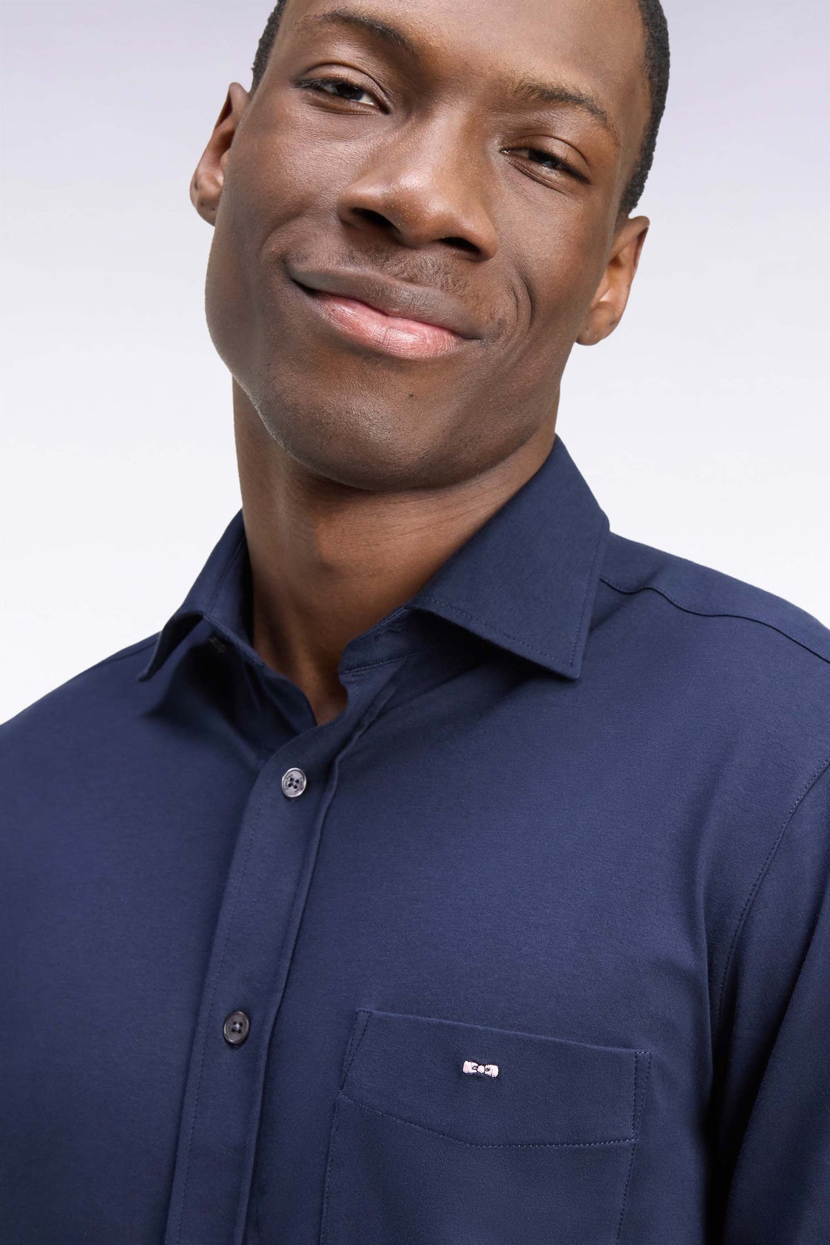 Straight cut navy stretch cotton shirt
