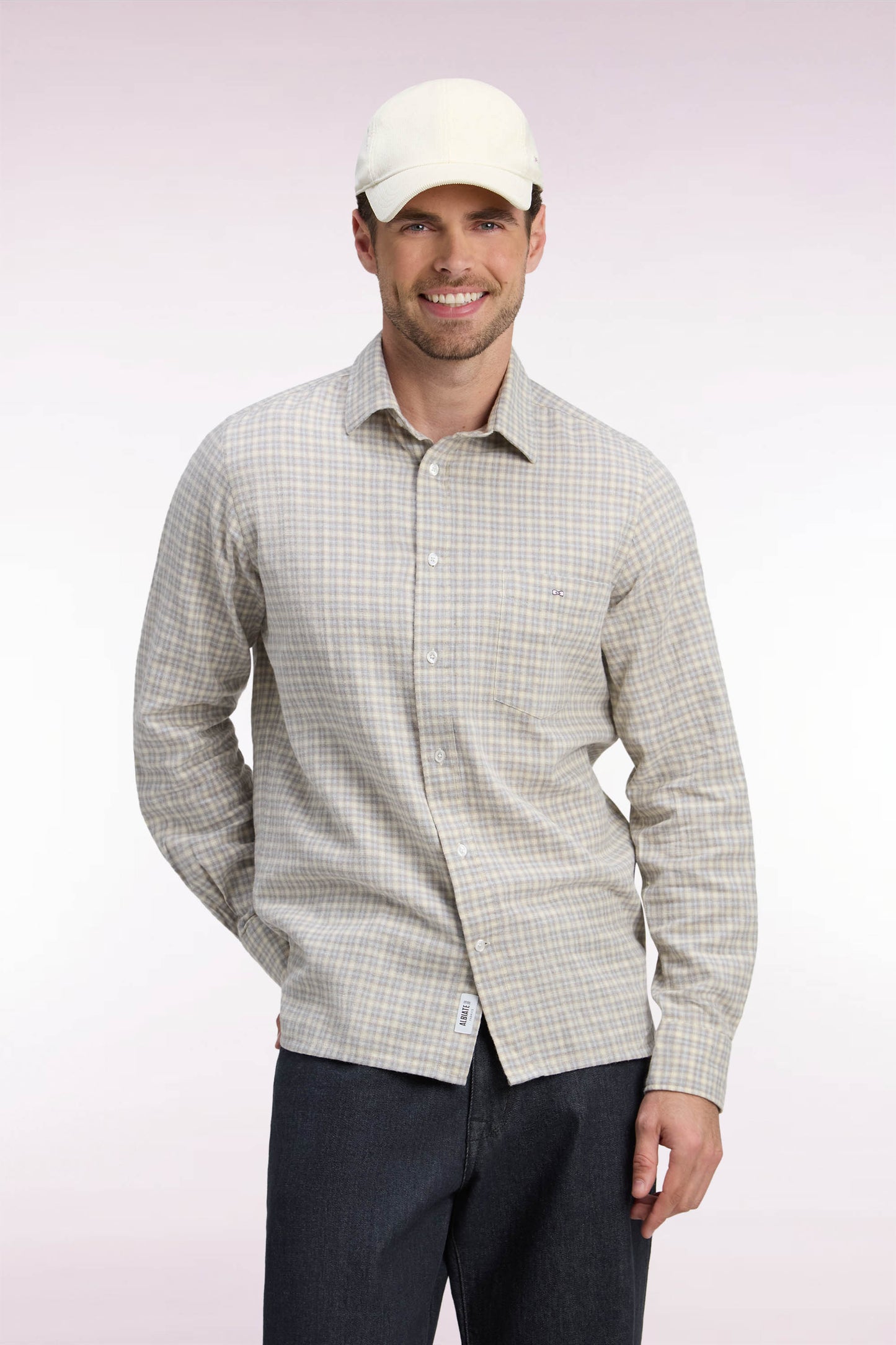Chemise en coton à carreaux écrue coupe droite